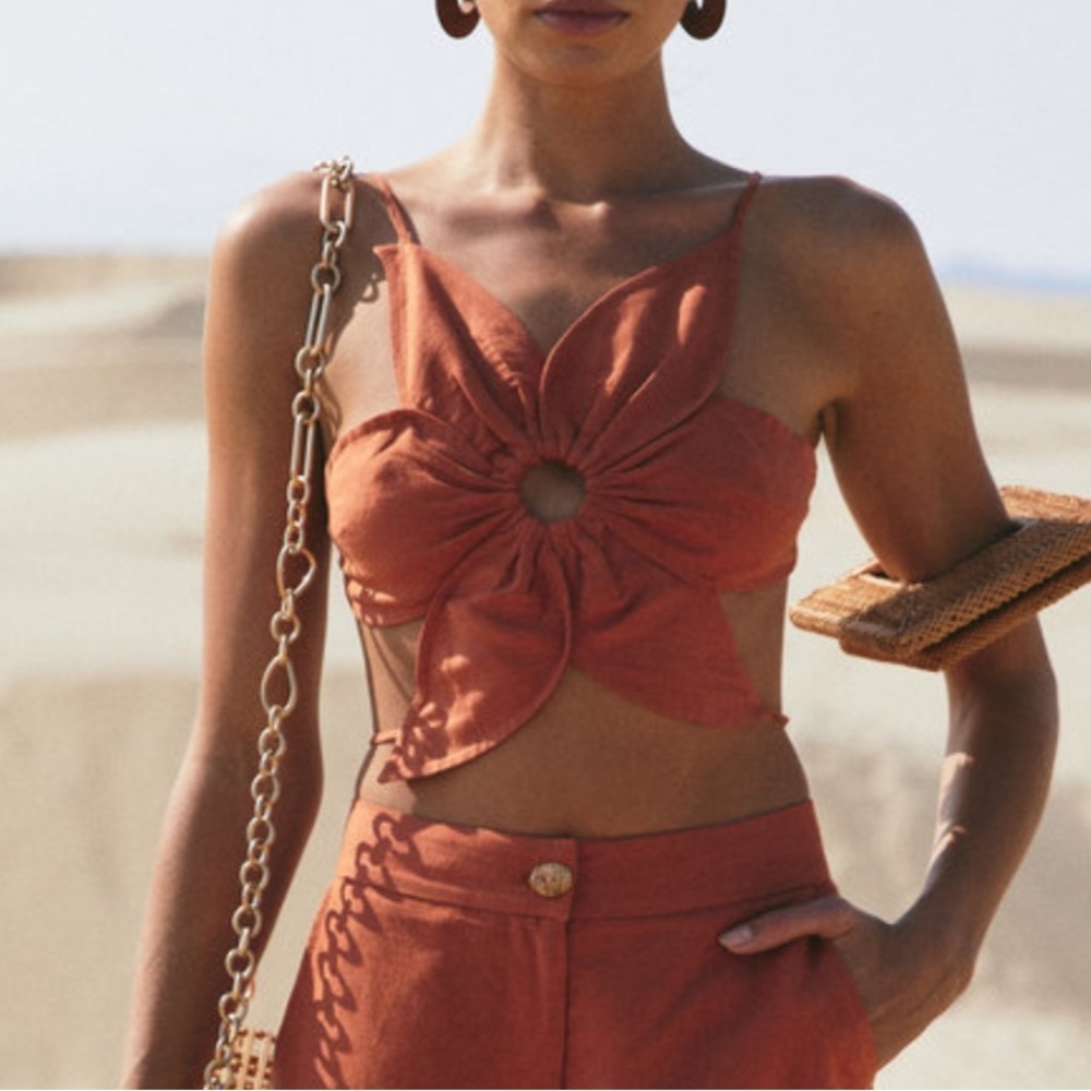 NWT Cult Gaia Rachel Adjustable Tie Top Floral Spice Brown M ASO Ariana Grande